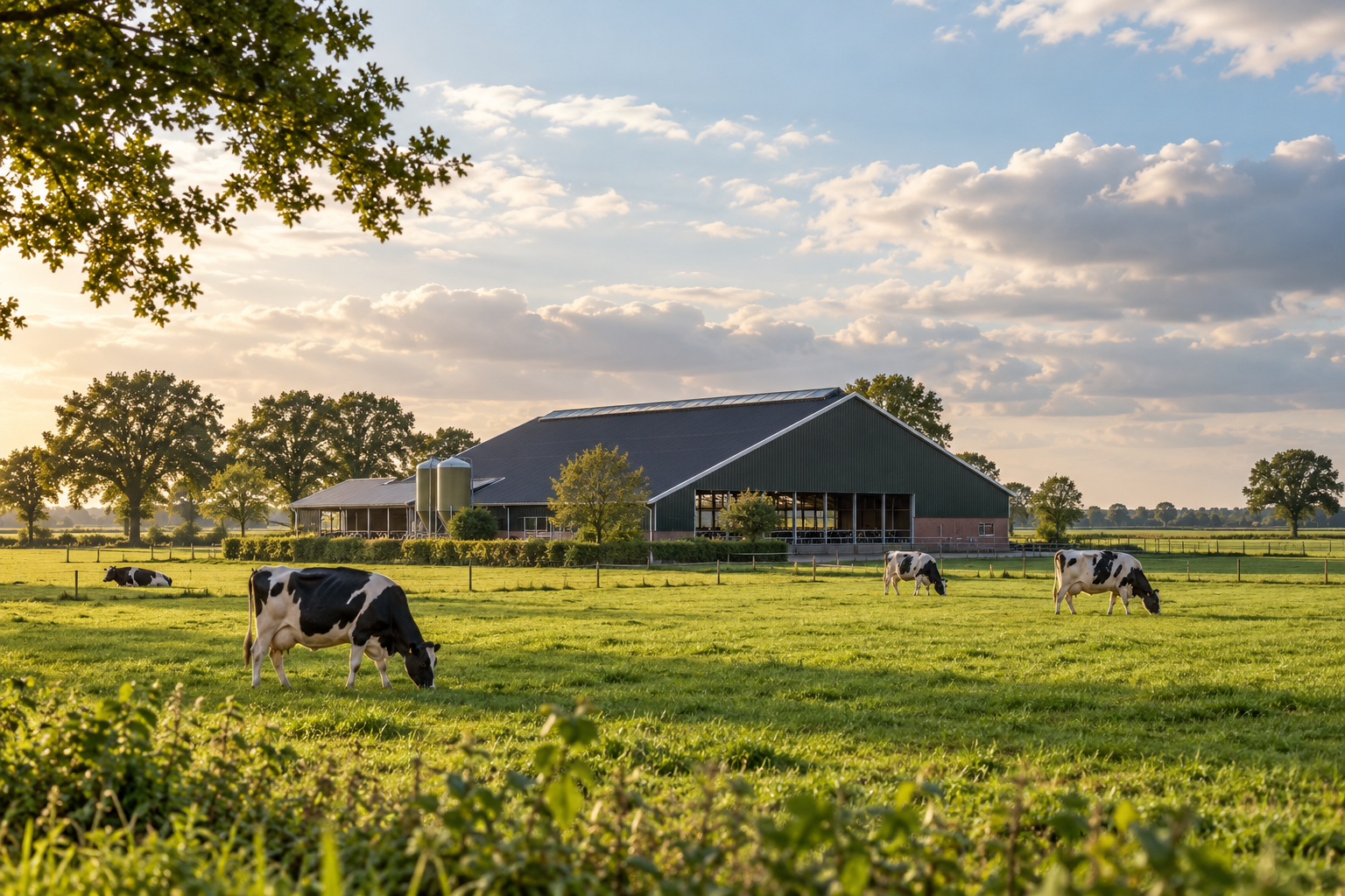 Illustratief agrarisch landschap met een stal en koeien in de wei